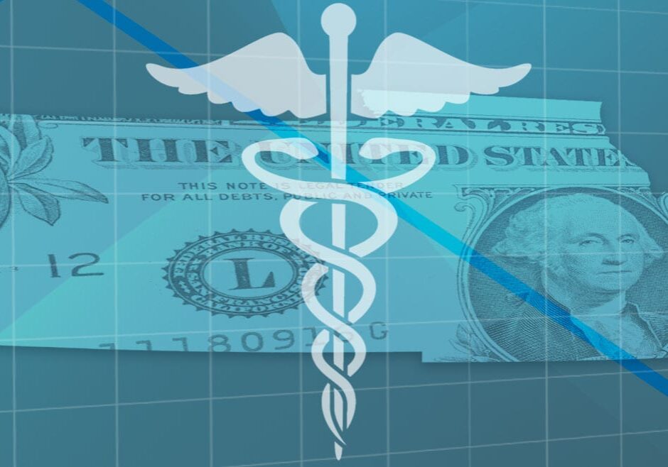 Medicaid symbol, Kansas and Missouri with dollar bill and downward pointed arrow