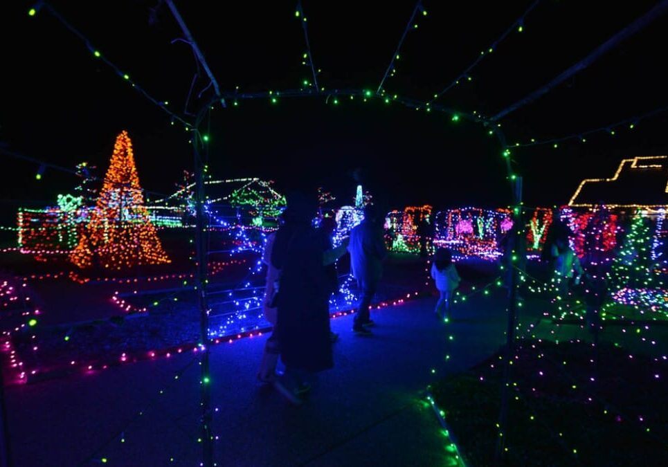 A tunnel of colorful holiday lights