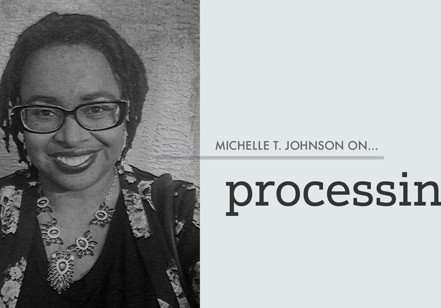 a woman with the text "processing"