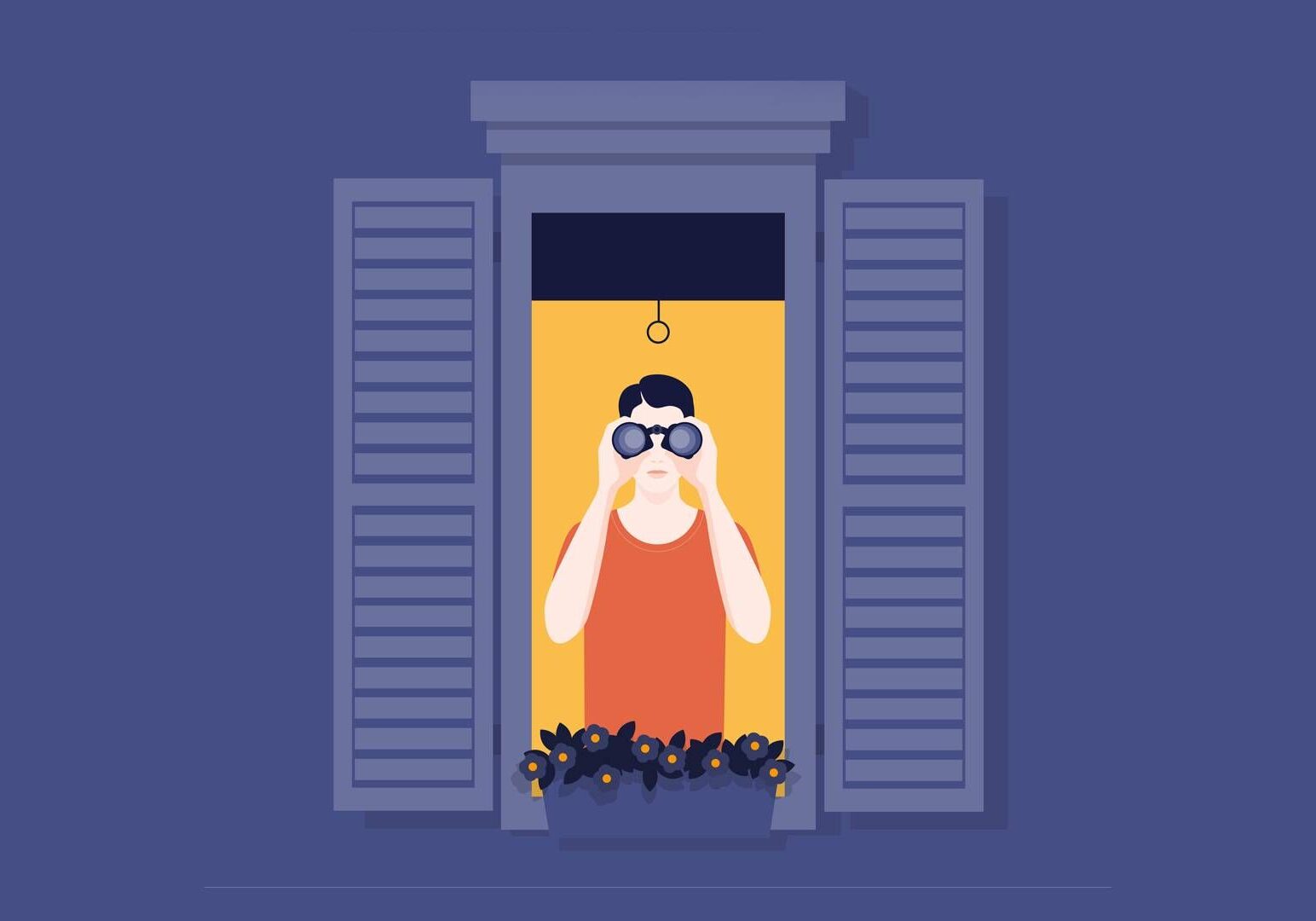 Illustration of someone looking out of a window with binoculars.