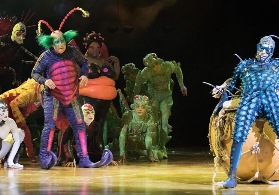 The cast of a Cirque du Soleil show on stage.