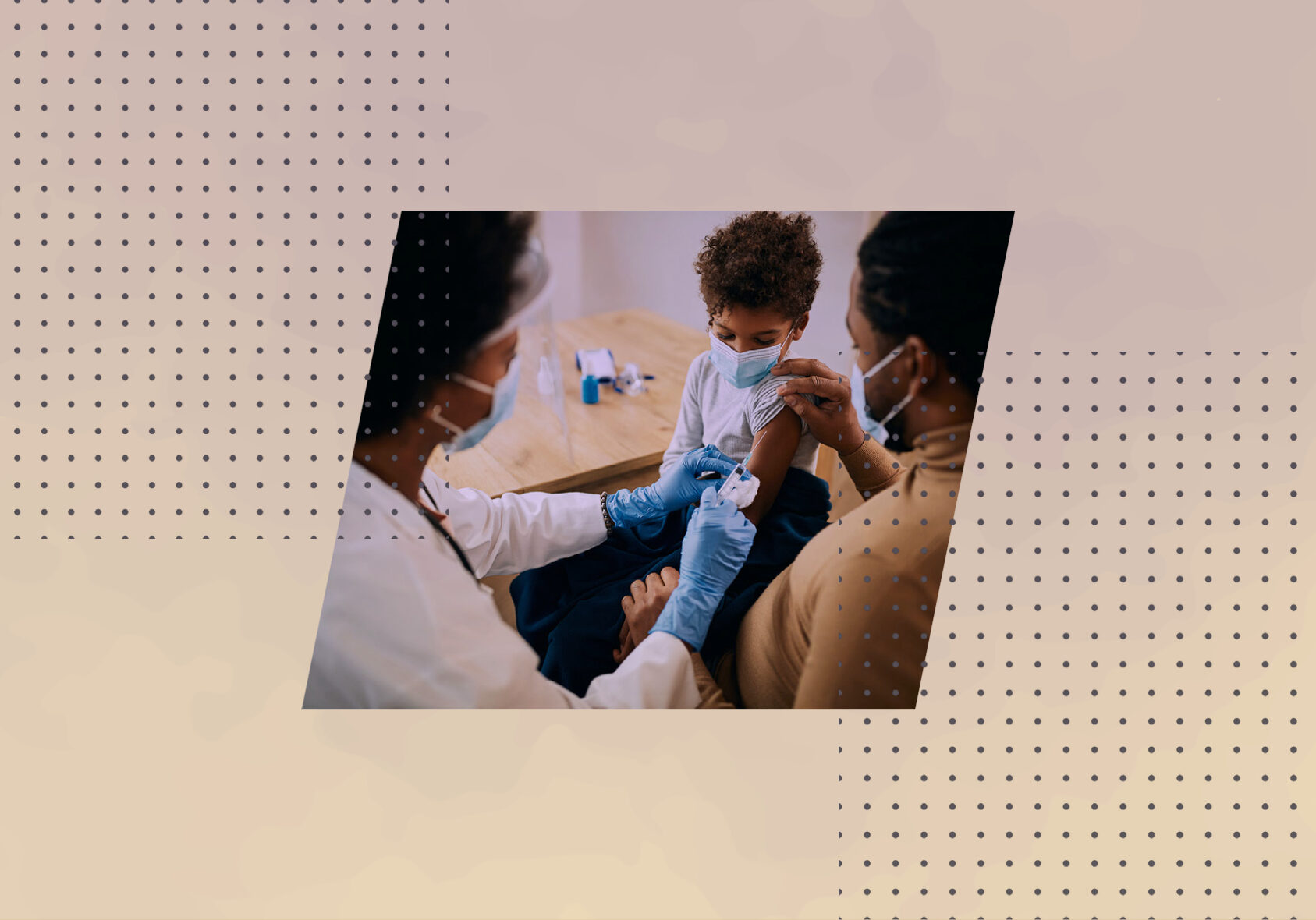 A photo of a doctor, a parent and a child getting a vaccine against a backdrop of light yellow and pink. This illustrates local doctors' urgency to get folks vaccinated during the recent COVID surge.