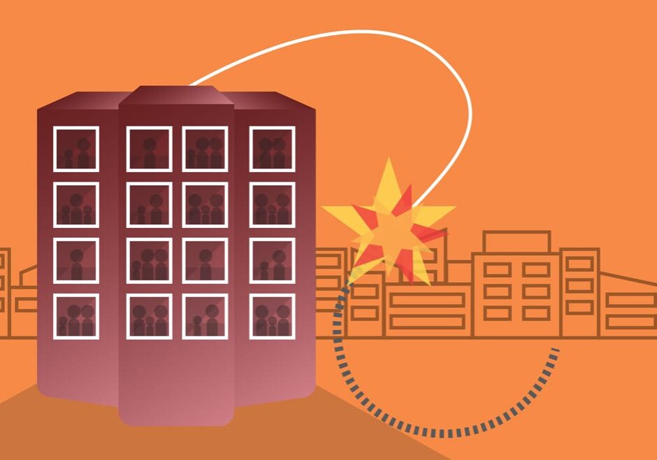 Illustration showing apartment building with possible bomb or explosive situation