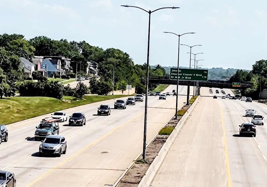 When the Bruce R. Watkins Drive (the view here looks south from Linwood Avenue) was constructed, it cut in two the historic, predominantly Black Ivanhoe neighborhood, which runs from 31st to 47th streets and from Prospect Avenue to Paseo Boulevard. The freeway’s history is an example of how government decisions led to injustice for Black residents. (Bill Tammeus | Flatland