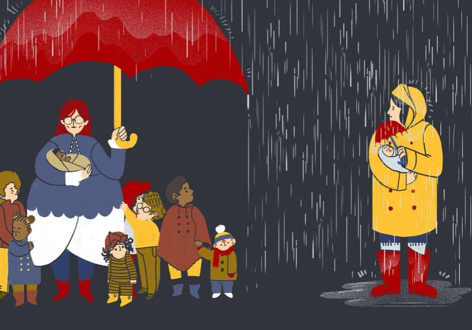 There aren't many options for child care. (Illustration: Chelsea Beck via NPR)