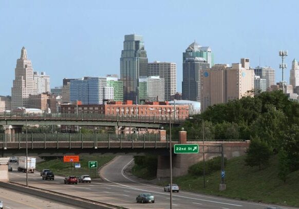 Kansas City's skyline as seen from 25th Street and Prospect Avenue.