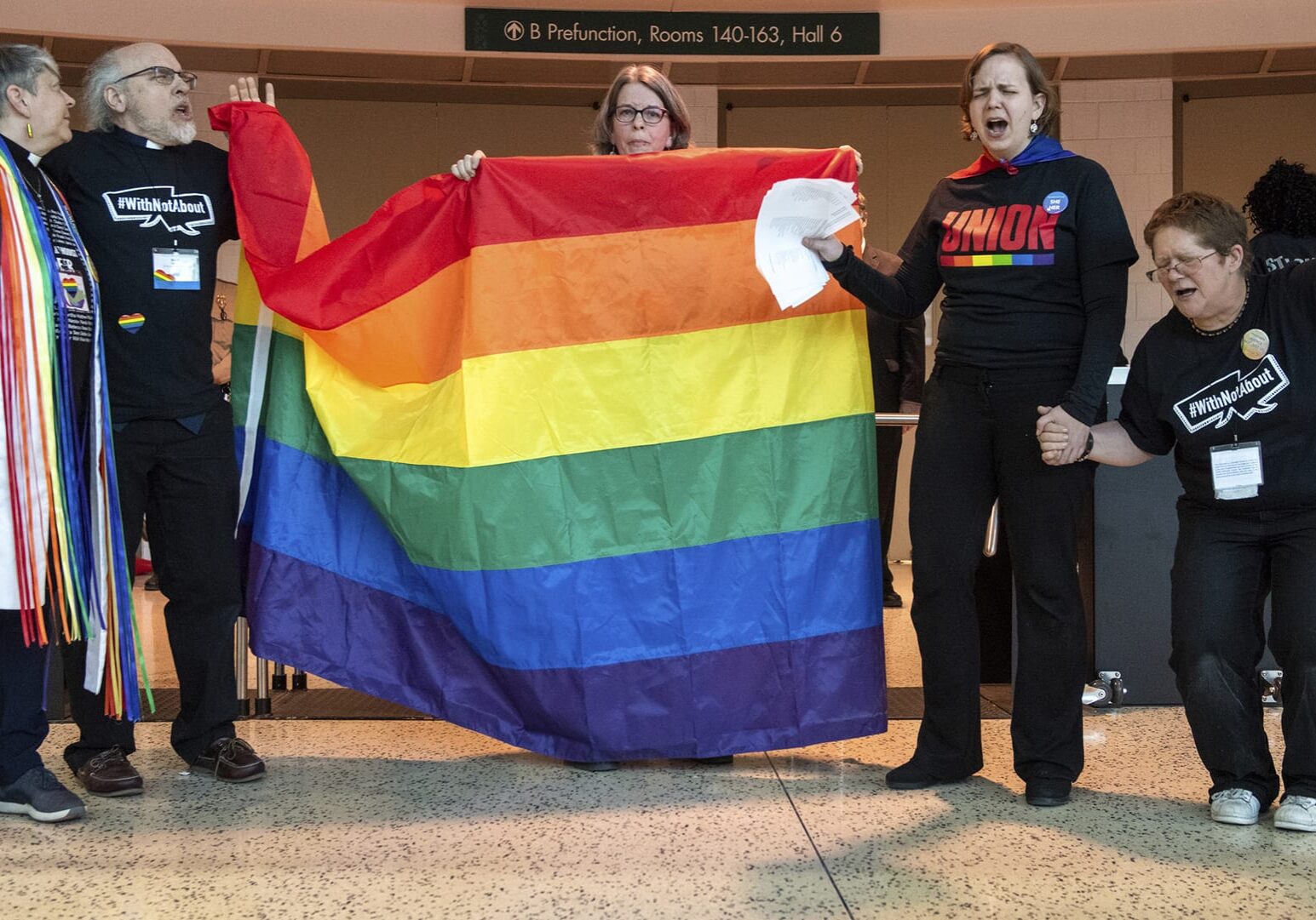 protesters at February methodist meeting in St. Louis