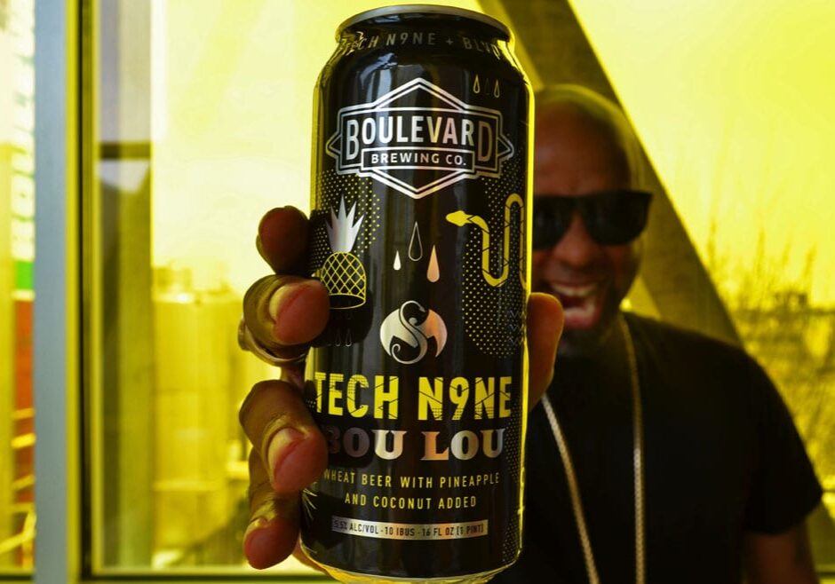Tech N9ne’s song “Caribou Lou” inspired Bou Lou, Boulevard’s Unfiltered Wheat Beer with added flavors of pineapple and coconut.