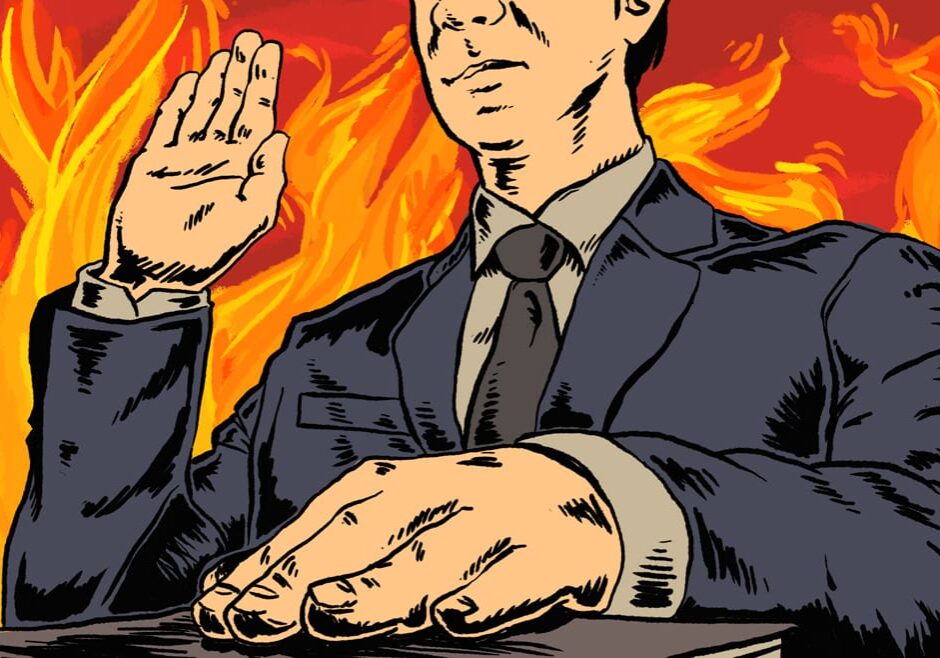 illustration of a man with hand on bible, surrounded by flames