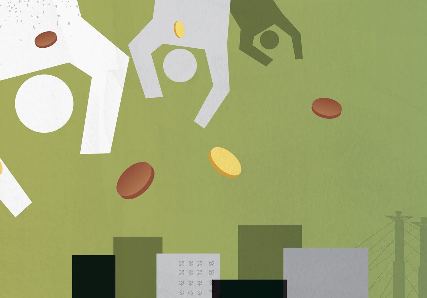 Illustration of upside down people with coins