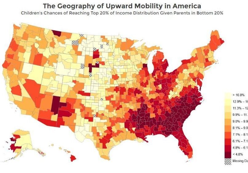 A map of the U.S. shows children's chances of moving from the bottom fifth of income levels to the top fifth.