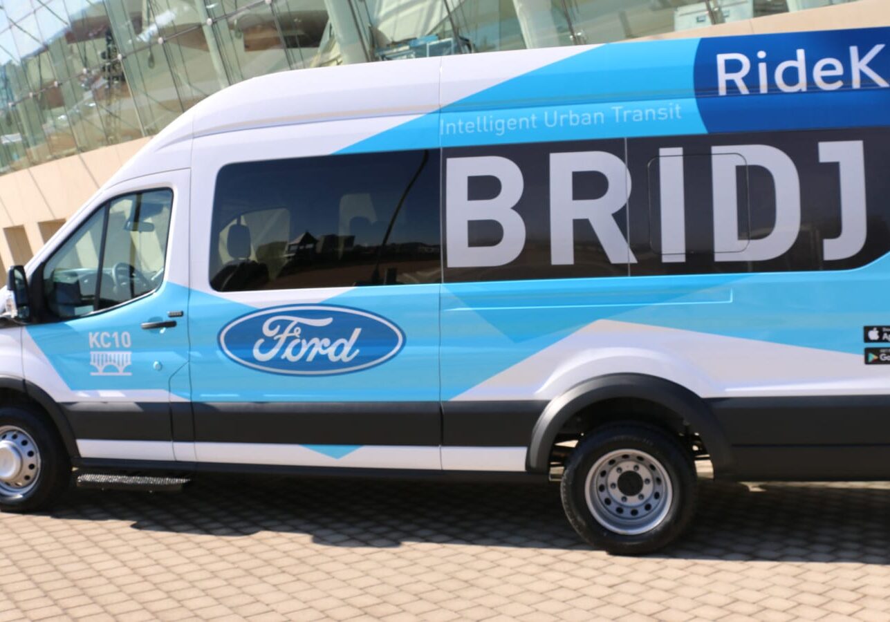 Ford transit van sits outside the Kauffman Center for the Performing Arts. 