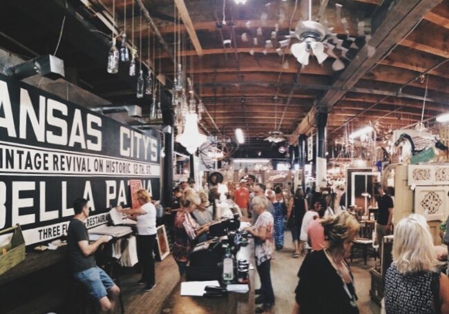 A crowded vintage store counter.