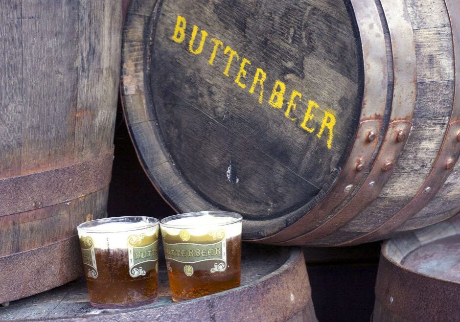 A shot of butter beer and barrels.