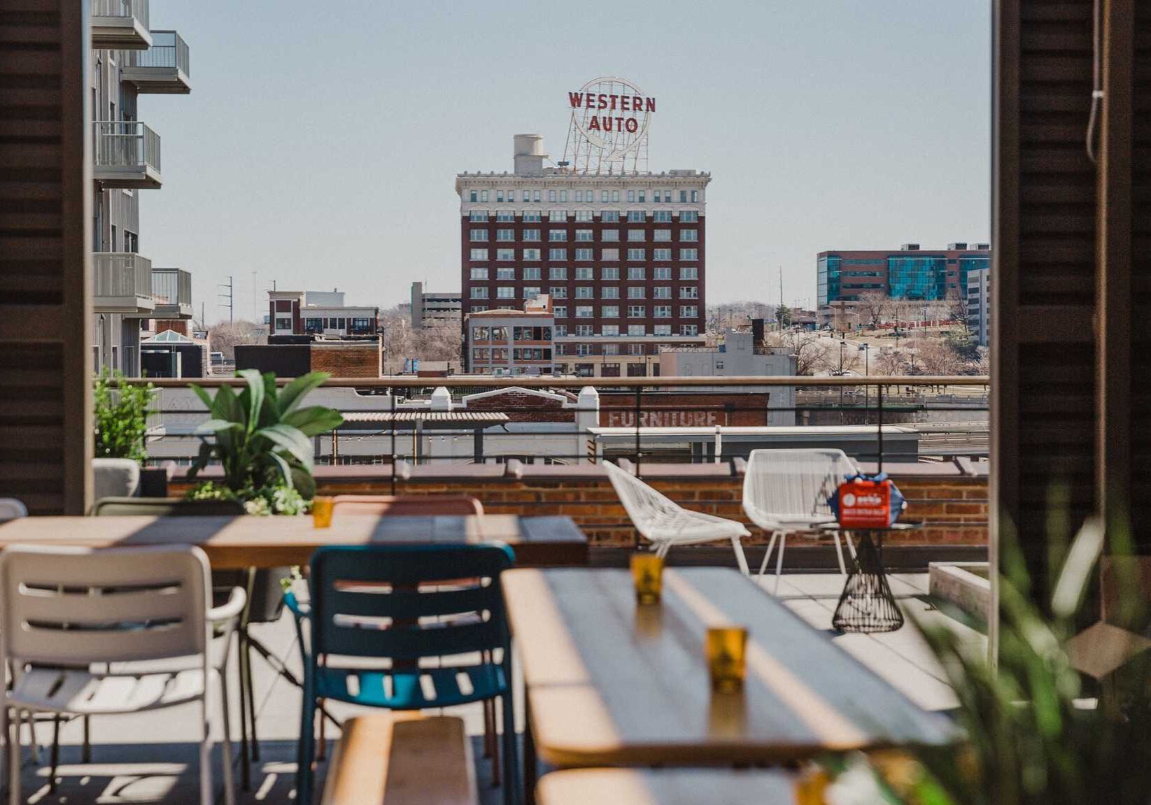 The Kansas City skyline from Percheron rooftop bar at the Crossroads Hotel.