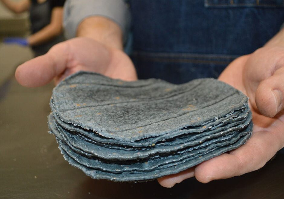 Mark Gencarelli holds a freshly made blue corn tortilla